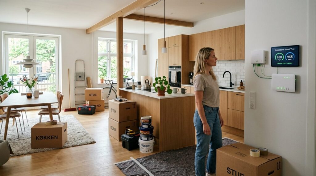 Wide shot of a modern Danish home interior showing a person