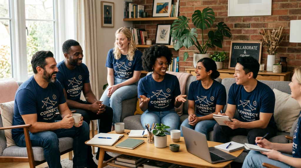 Lifestyle scene of a diverse group of people wearing matchin