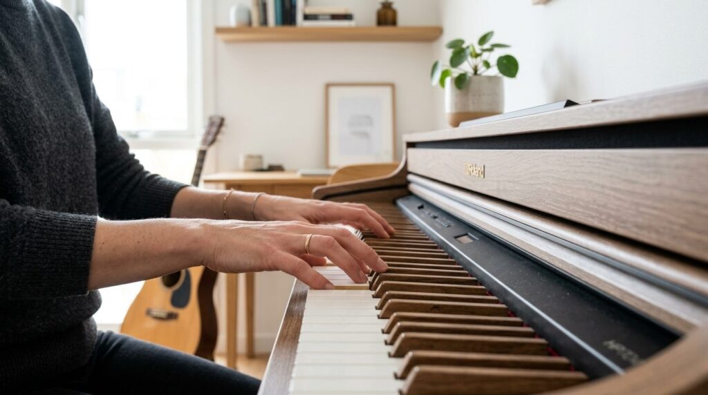 Close-up detail shot of a pianists hands playing a digital