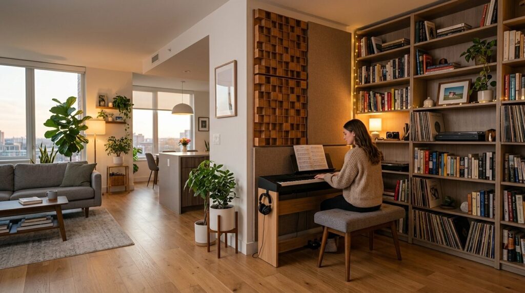 Wide angle view of a compact digital piano integrated into a
