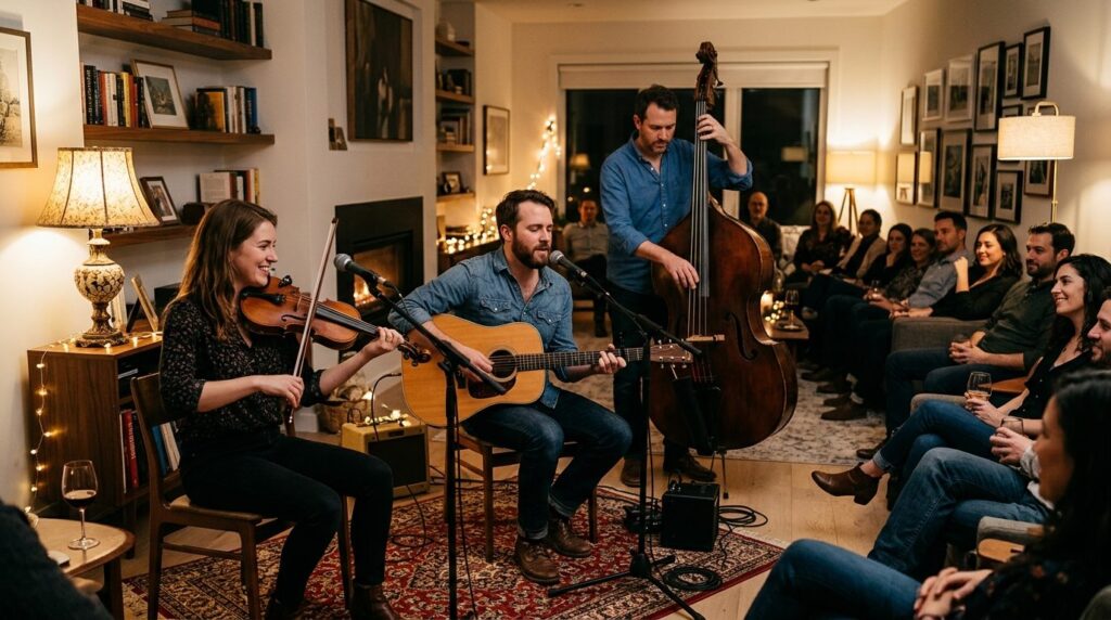 Close-up professional photo of a live acoustic band performi