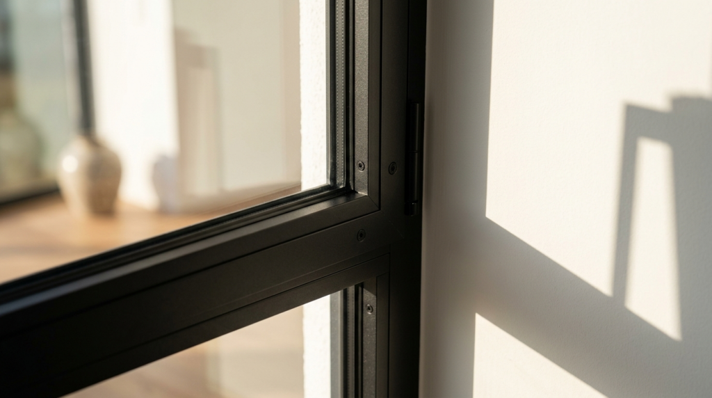 Close-up detail shot of a sleek fixed window frame in matte