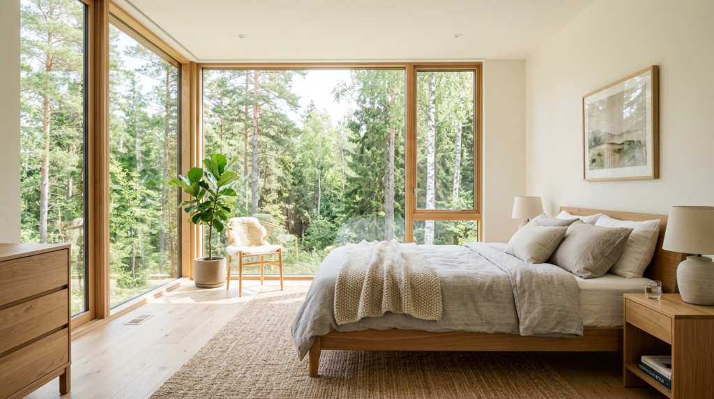 Scandinavian-inspired bedroom with large fixed windows frami