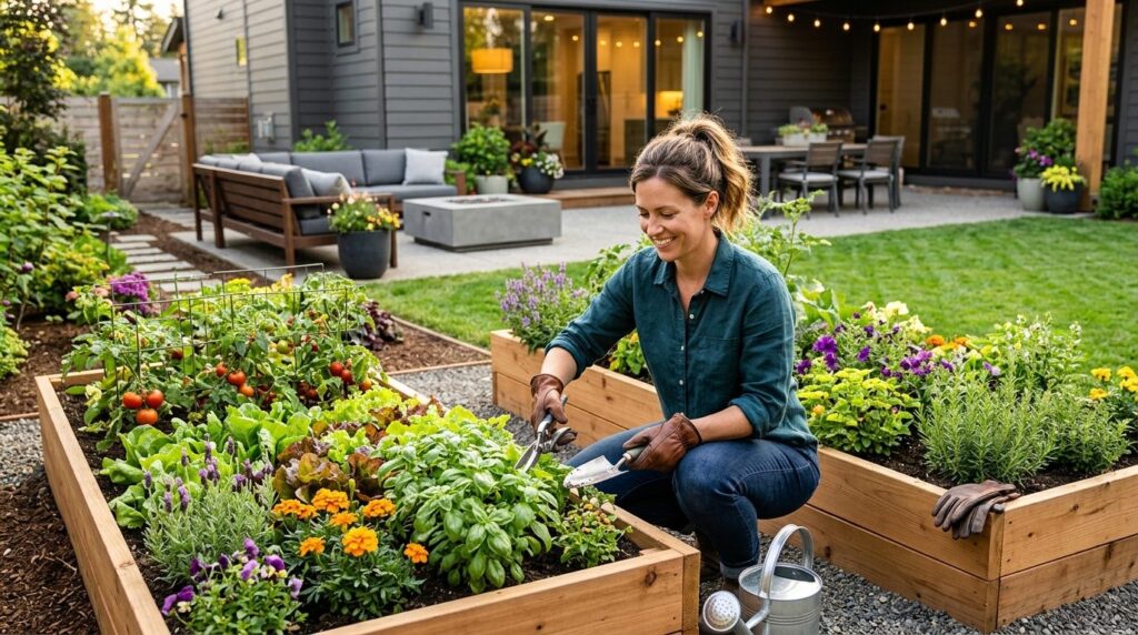 Homeowner confidently using professional garden tools to mai