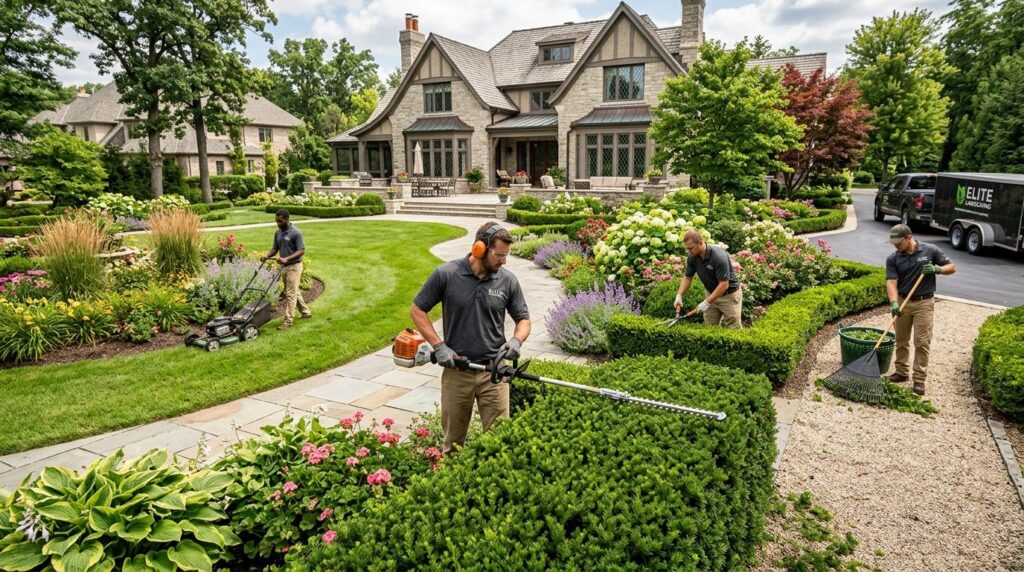 Professional gardening team performing advanced hedge trimmi