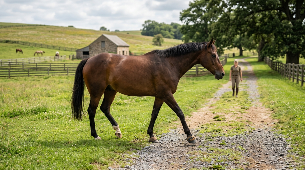 Wide photorealistic image of a healthy horse walking barefoo
