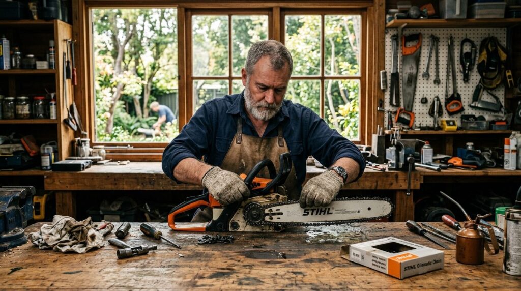 Middle-aged homeowner replacing chainsaw chain in a resident