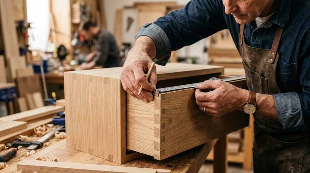 Close-up detail shot of skilled carpenter craftsman measurin