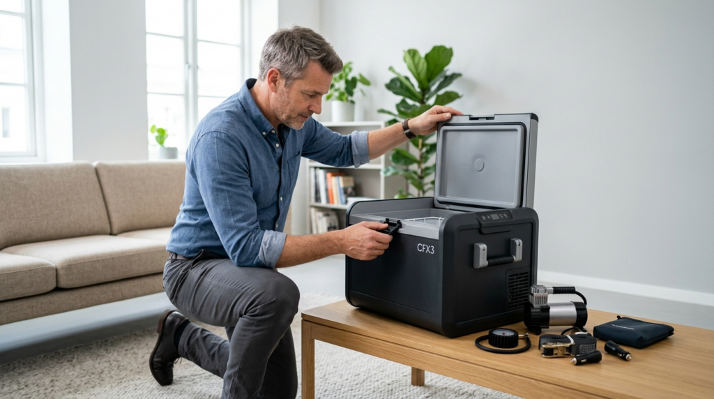 Realistic lifestyle photograph of a middle-aged man in casua