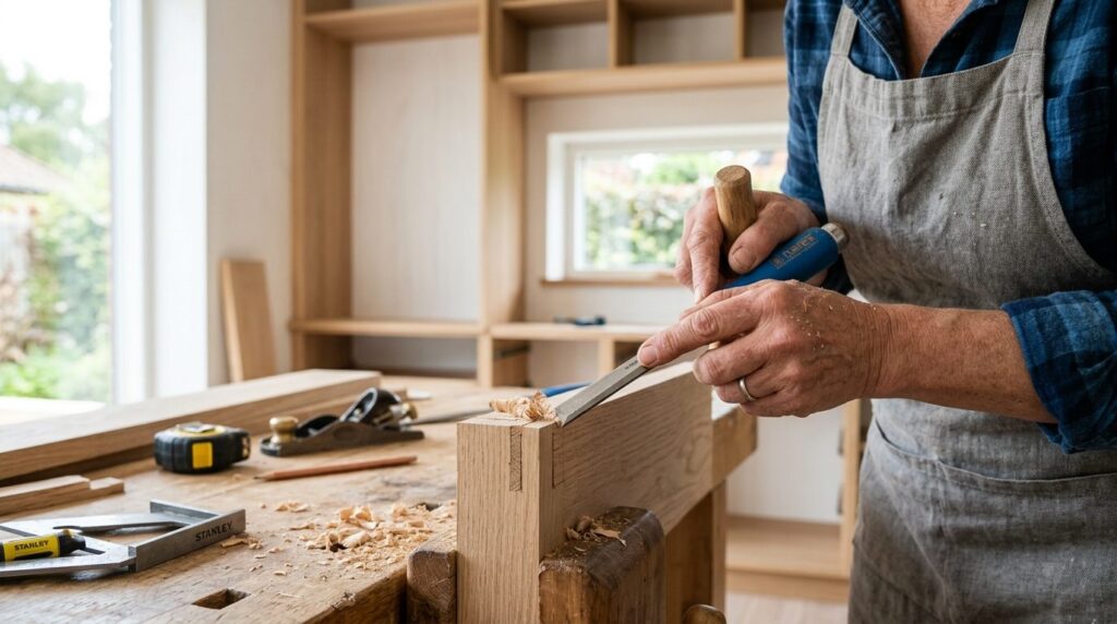 Close-up of skilled carpenters hands working with premium w