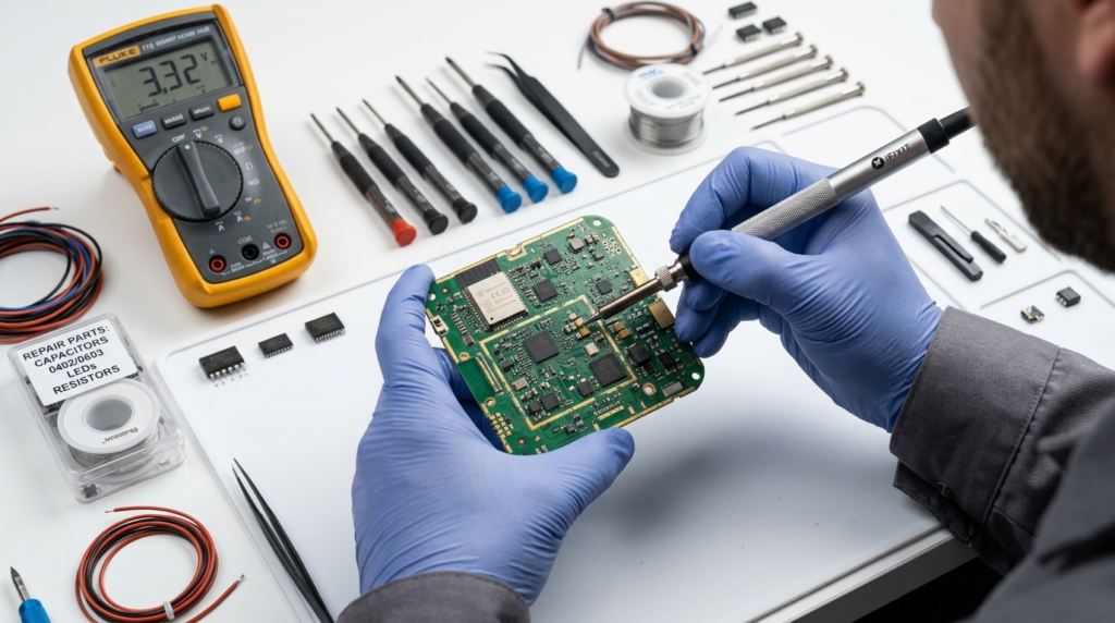 Close-up detailed shot of hands holding a circuit board duri