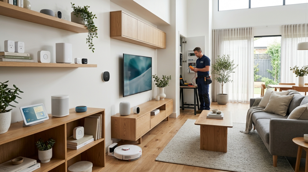 Wide shot of a contemporary home interior showing various sm