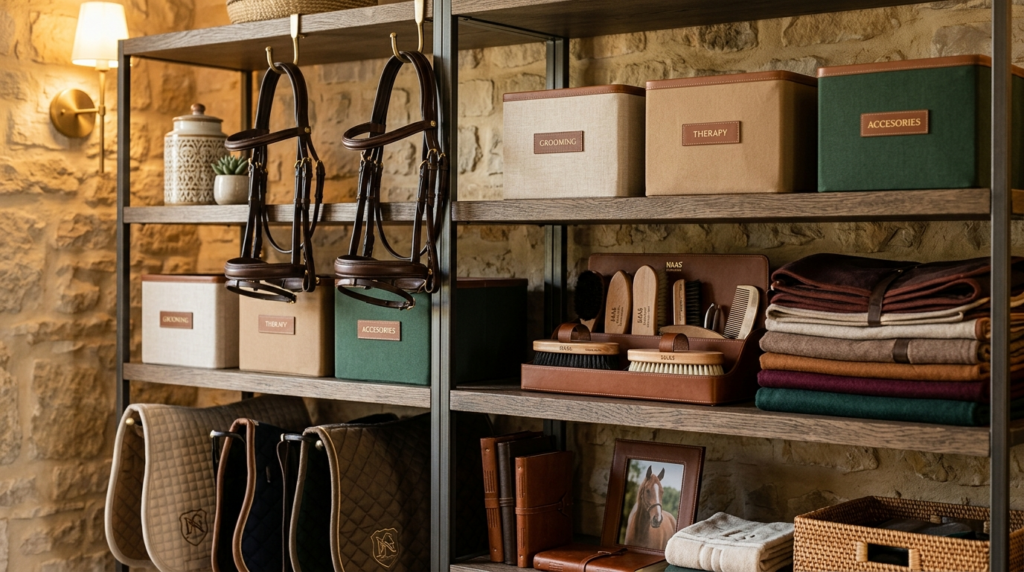Close-up of premium equestrian equipment and stable accessor
