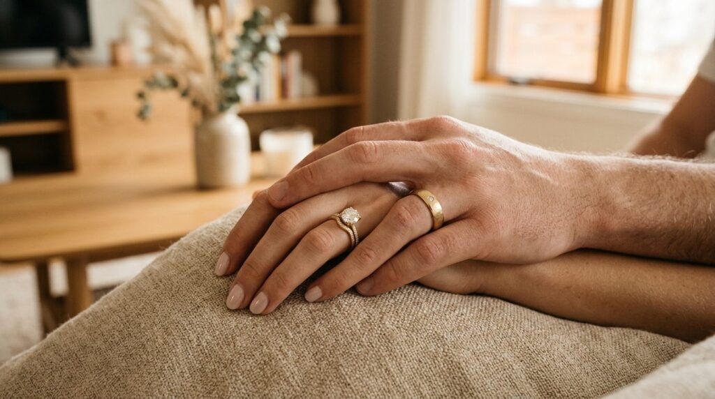 Close-up photorealistic image of a couples hands wearing co
