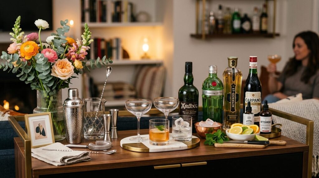 Close-up detail shot of a carefully styled home bar setup in