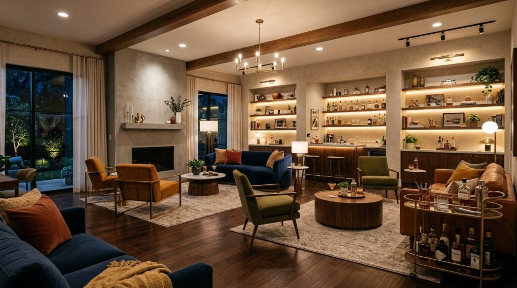 Wide-angle view of a residential living room reimagined as a