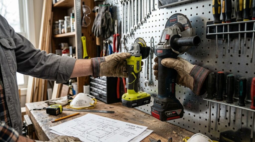 Close-up shot of a homeowners hands wearing protective work