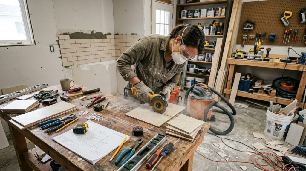 Wide-angle view of an active home renovation workspace showi